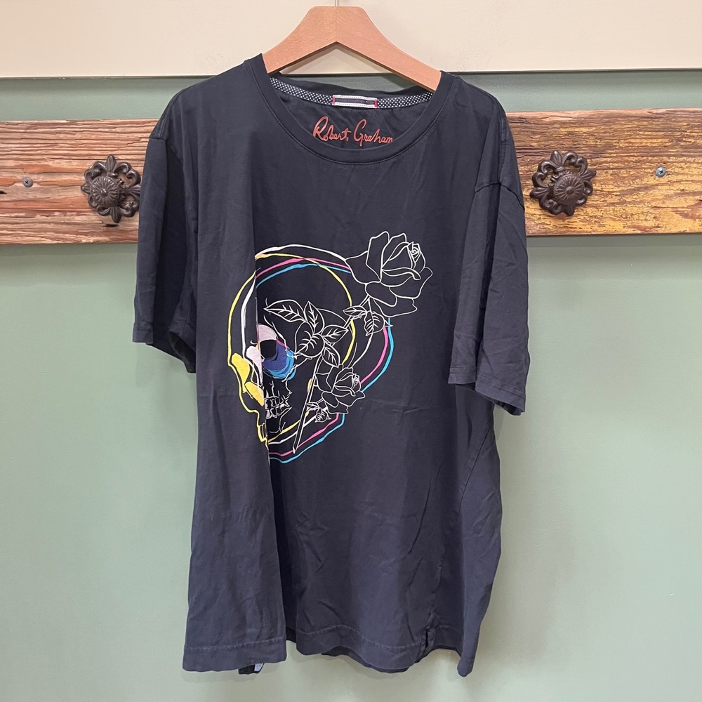 Robert Graham Mens Large Black Cotton Skull Rose Graphic T-Shirt Short Sleeve